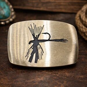 VINTAGE 1978 BTS SOLID BRASS BELT BUCKLE FLY FISHING FISHERMAN THEME